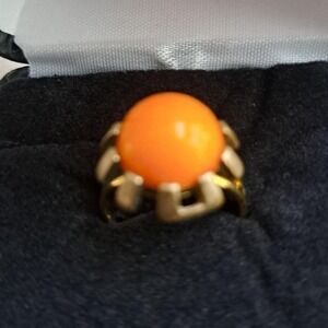Vintage Gold Tone Orange Cabochon Statement Ring Sunburst Design Cocktail Ring
